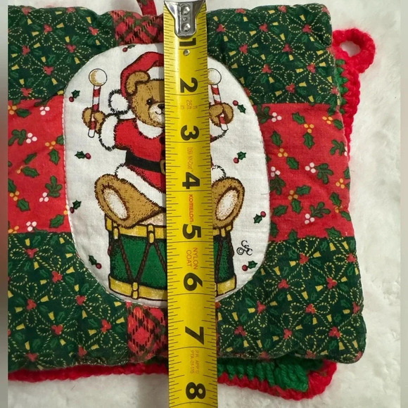Vintage Christmas Handmade Pot Holders Crocheted Poinsettia & Teddy Bear Drummer - Picture 8 of 9